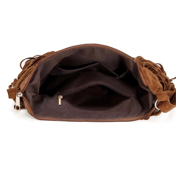Western Vegan Suede Zipper Fringe Hobo shoulder Bag - Picture 4 of 10